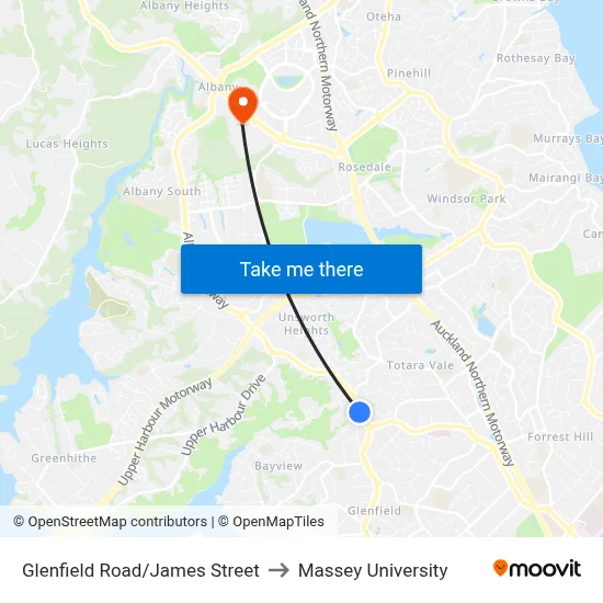Glenfield Road/James Street to Massey University map