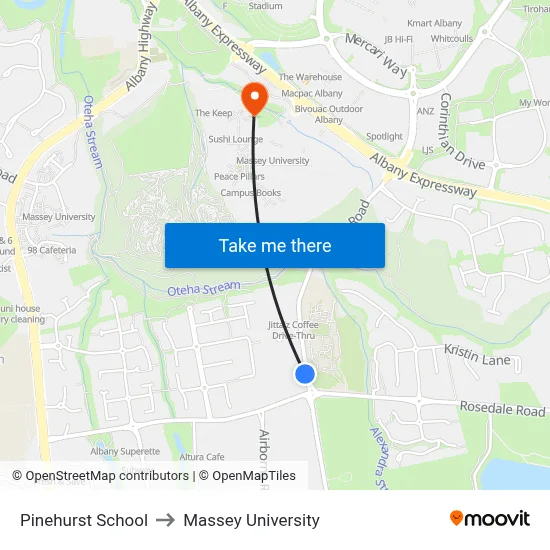Pinehurst School to Massey University map