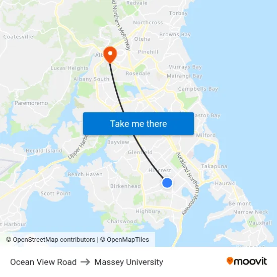 Ocean View Road to Massey University map