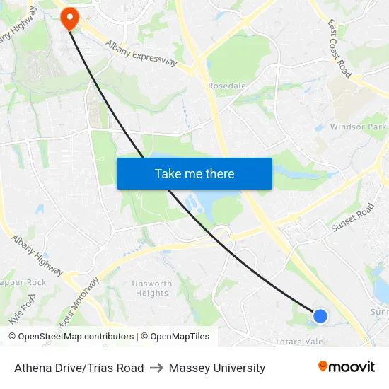 Athena Drive/Trias Road to Massey University map