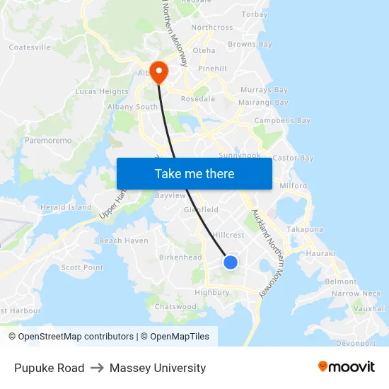 Pupuke Road to Massey University map
