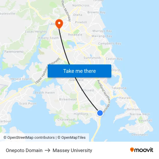 Onepoto Domain to Massey University map