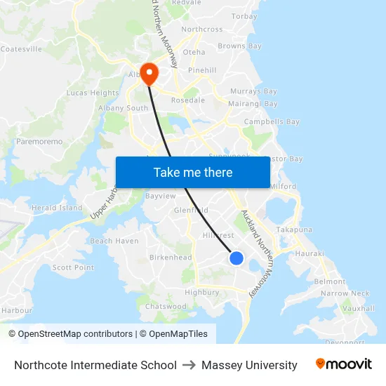 Northcote Intermediate School to Massey University map