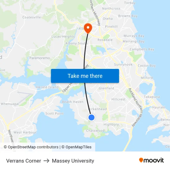 Verrans Corner to Massey University map