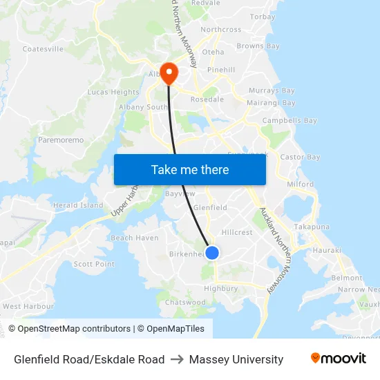 Glenfield Road/Eskdale Road to Massey University map