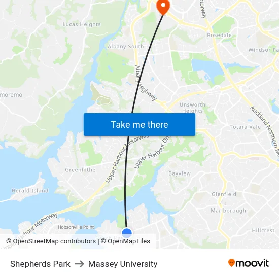 Shepherds Park to Massey University map