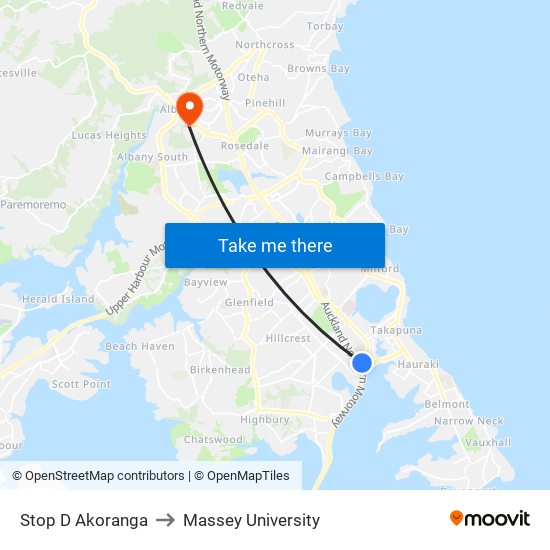 Stop D Akoranga to Massey University map