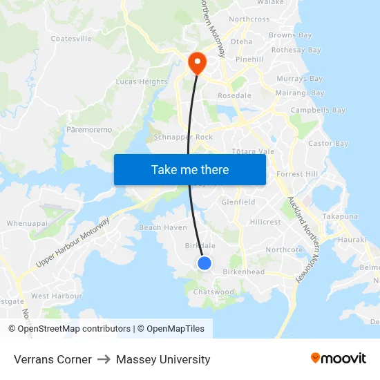 Verrans Corner to Massey University map