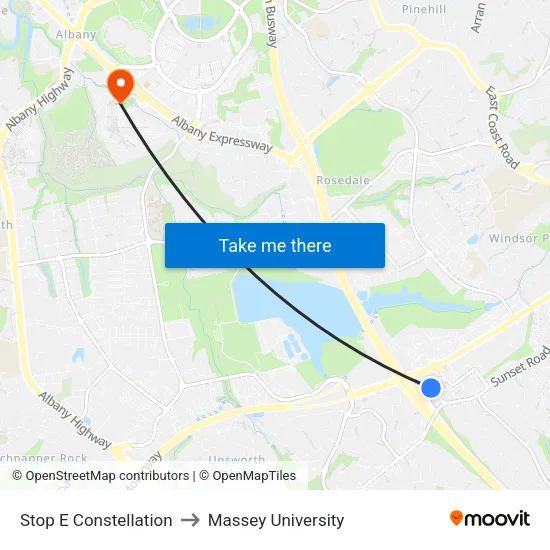 Stop E Constellation to Massey University map