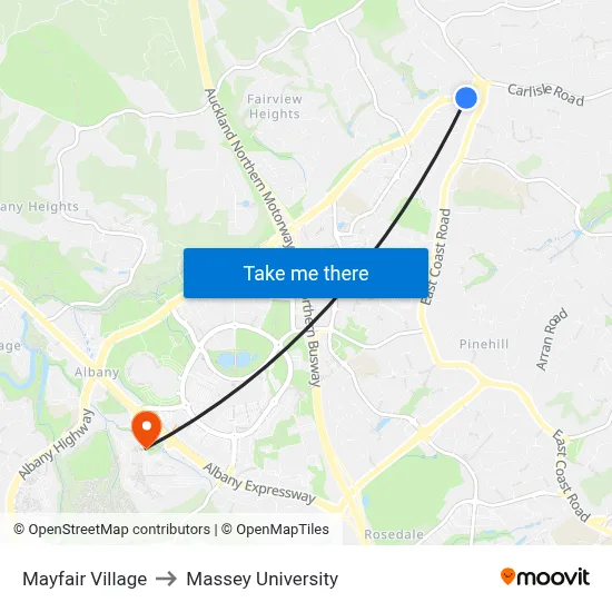 Mayfair Village to Massey University map