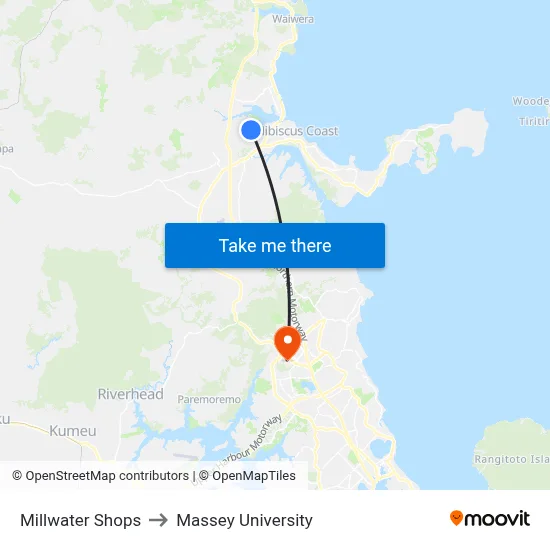 Millwater Shops to Massey University map