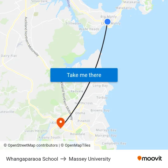 Whangaparaoa School to Massey University map