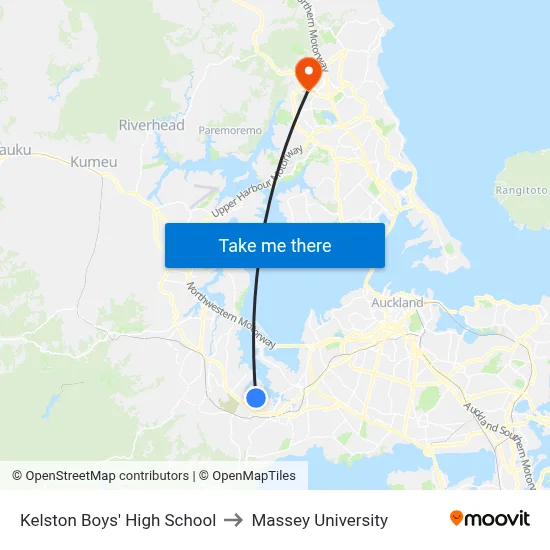 Kelston Boys' High School to Massey University map