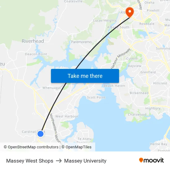 Massey West Shops to Massey University map