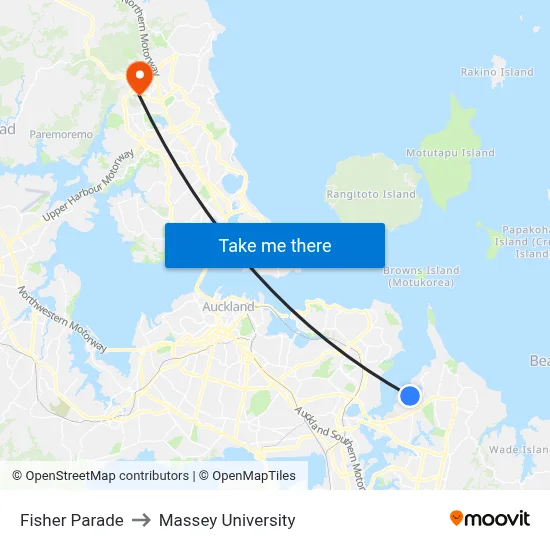 Fisher Parade to Massey University map