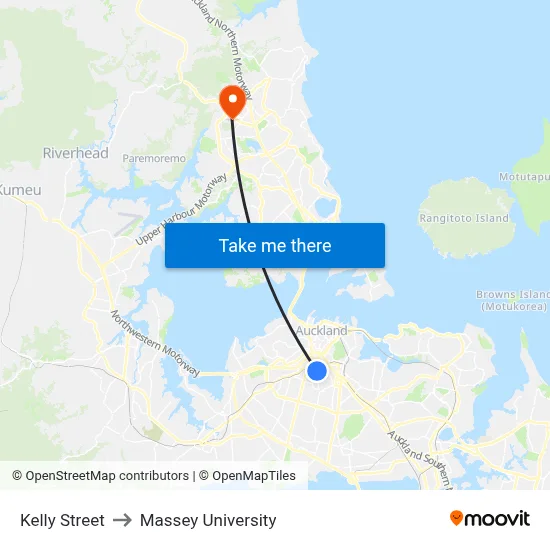 Kelly Street to Massey University map