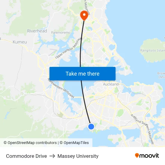 Commodore Drive to Massey University map