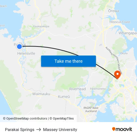 Parakai Springs to Massey University map