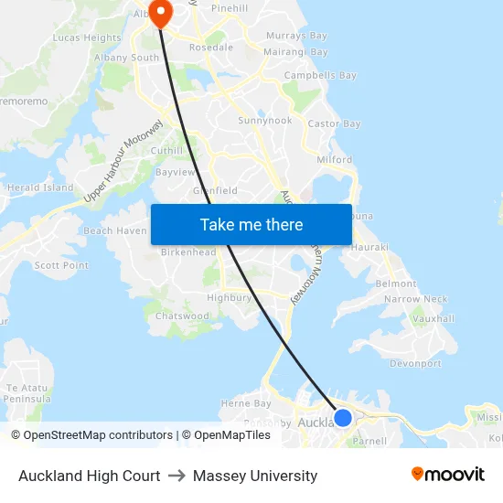 Auckland High Court to Massey University map
