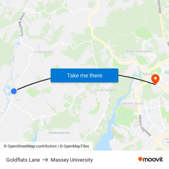 Goldflats Lane to Massey University map