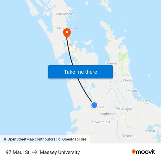 97 Maui St, Hamilton to Massey University map