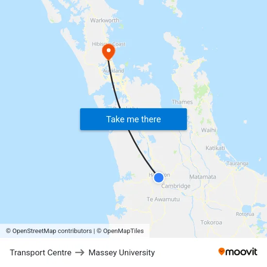 Transport Centre to Massey University map