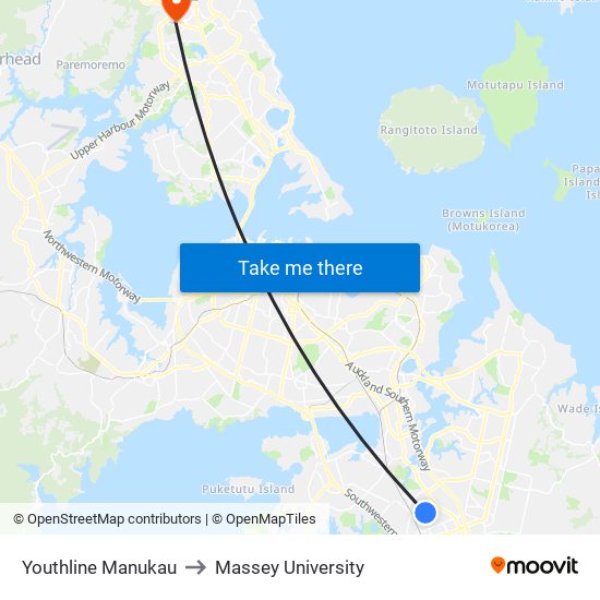 Youthline Manukau to Massey University map