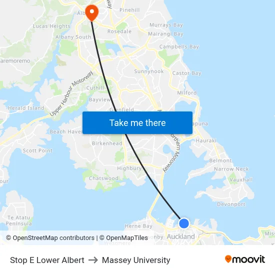 Stop E Lower Albert to Massey University map