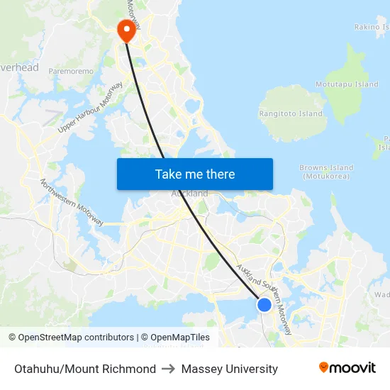Otahuhu/Mount Richmond to Massey University map