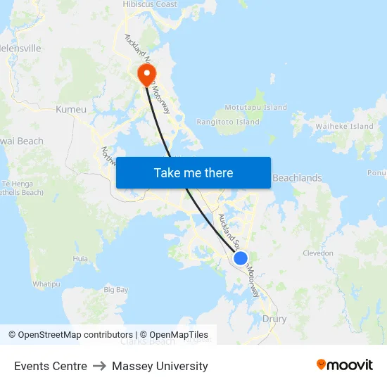 Events Centre to Massey University map
