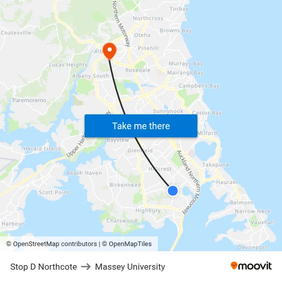 Stop D Northcote to Massey University map
