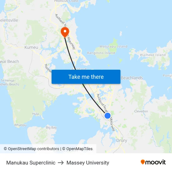 Manukau Superclinic to Massey University map