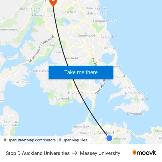 Stop D Auckland Universities to Massey University map