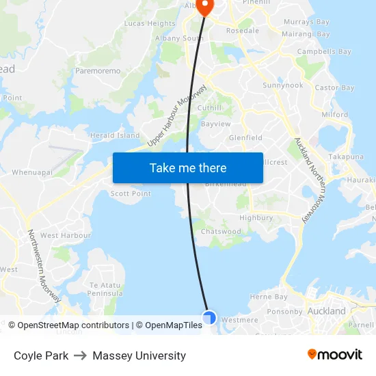 Coyle Park to Massey University map