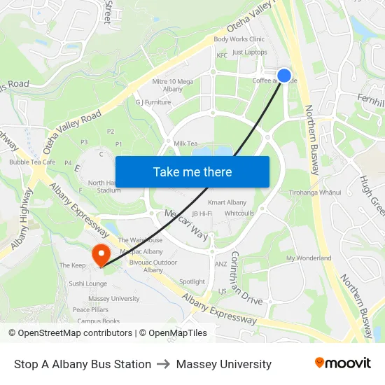 Stop A Albany Bus Station to Massey University map