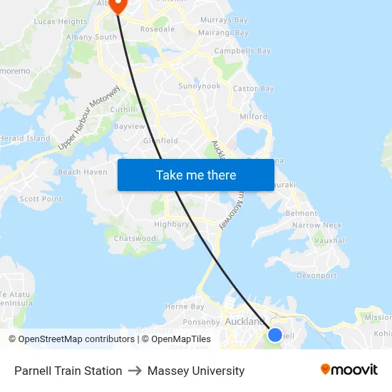 Parnell Train Station to Massey University map