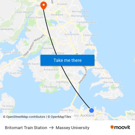 Britomart Train Station to Massey University map