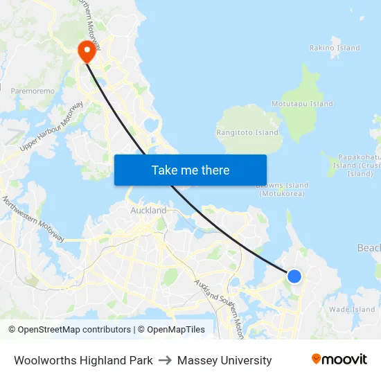 Woolworths Highland Park to Massey University map