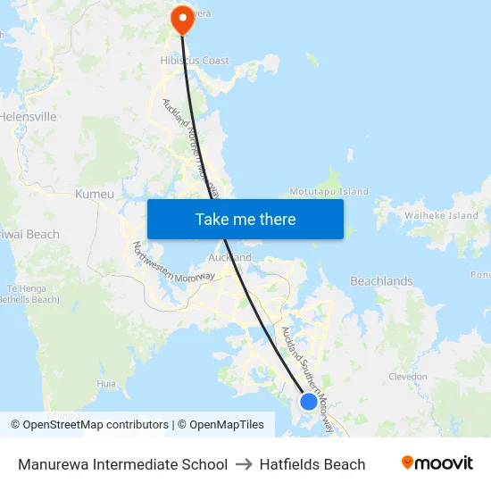 Manurewa Intermediate School to Hatfields Beach map