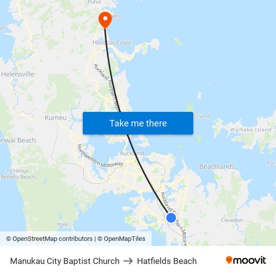 Manukau City Baptist Church to Hatfields Beach map