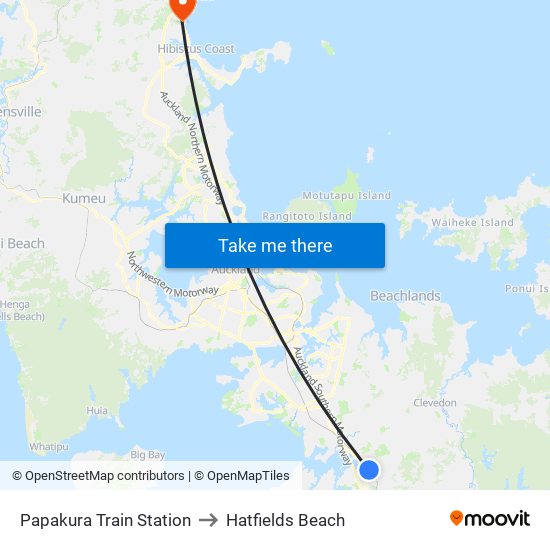 Papakura Train Station to Hatfields Beach map