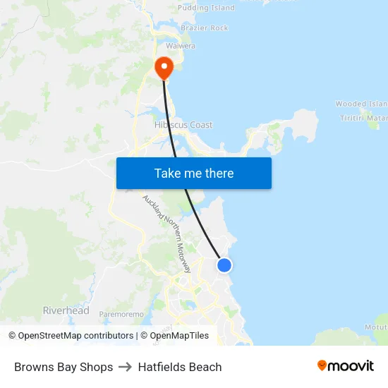 Browns Bay Shops to Hatfields Beach map