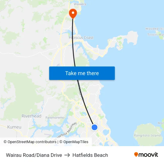Wairau Road/Diana Drive to Hatfields Beach map