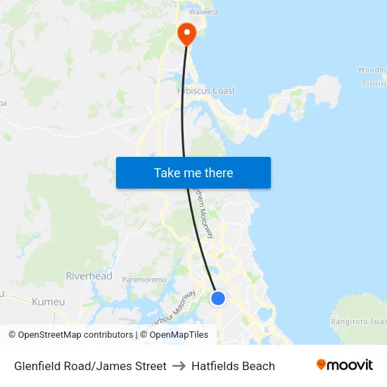Glenfield Road/James Street to Hatfields Beach map