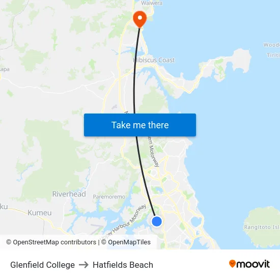 Glenfield College to Hatfields Beach map