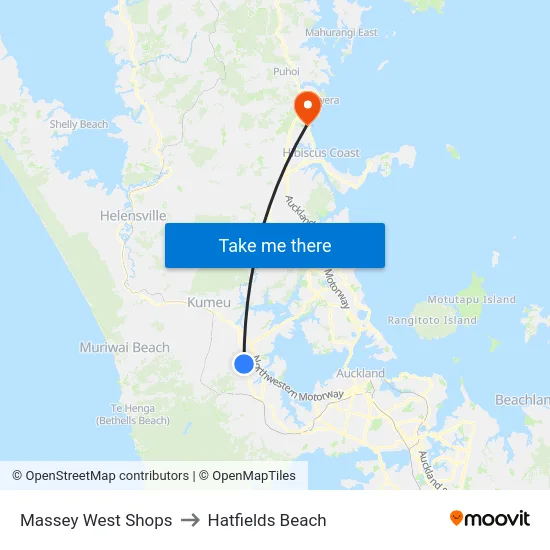 Massey West Shops to Hatfields Beach map