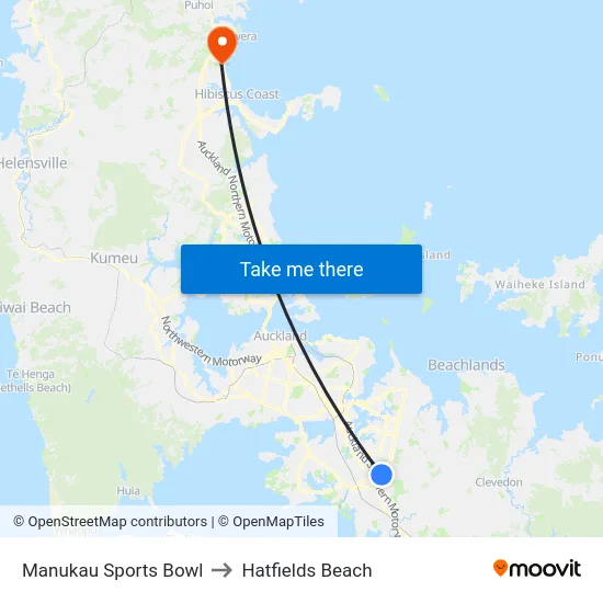 Manukau Sports Bowl to Hatfields Beach map