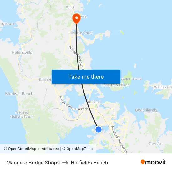 Mangere Bridge Shops to Hatfields Beach map