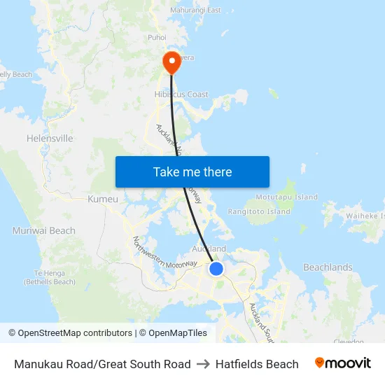 Manukau Road/Great South Road to Hatfields Beach map