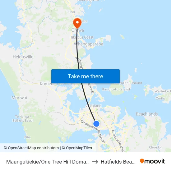 Maungakiekie/One Tree Hill Domain to Hatfields Beach map